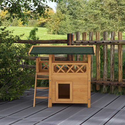 Wooden 2-story cat house with balcony and asphalt roof
