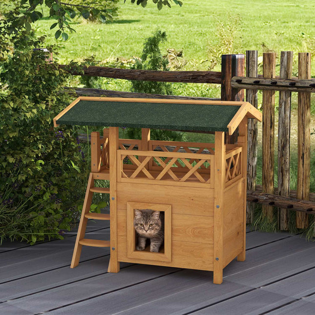 Wooden 2-story cat house with balcony and asphalt roof