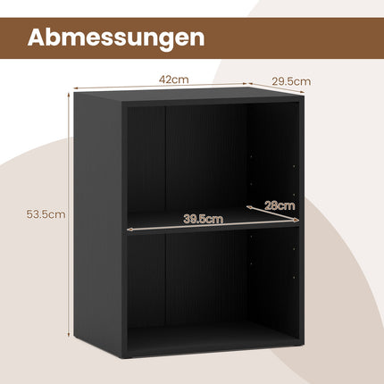 2-Tier Black Wood Bookshelf with Adjustable Shelves