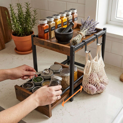 2-Tier Brown Spice Rack with Hooks & Pull-Out Drawer