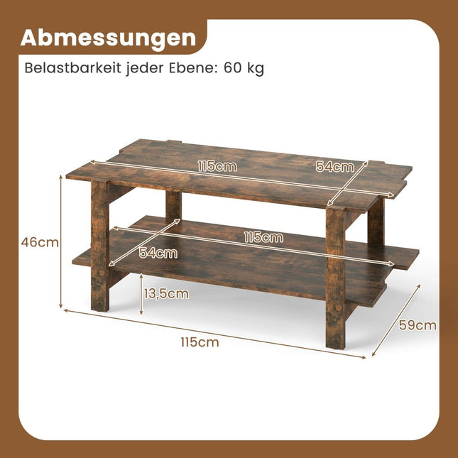 2-Tier Coffee Table with Shelf – Brown Wood, 115 cm