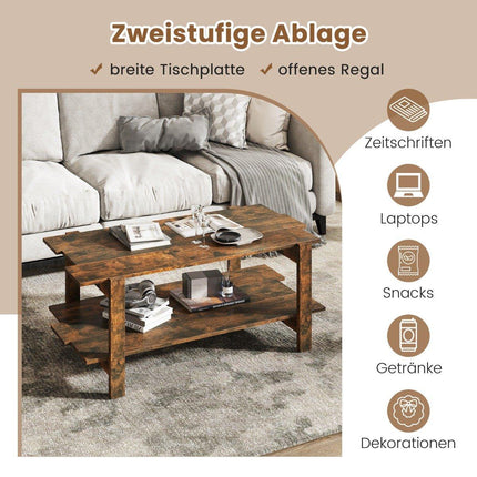 2-Tier Coffee Table with Shelf – Brown Wood, 115 cm