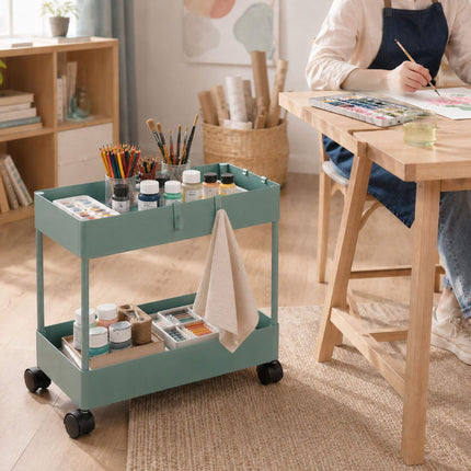 2-Tier Dark Green Serving Trolley with Wheels