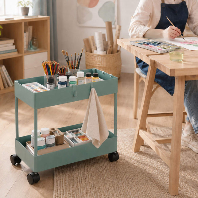 2-Tier Dark Green Serving Trolley with Wheels
