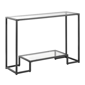2-Tier Glass Console Table, Tempered Glass, Iron Legs, Black