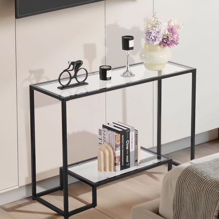 2-Tier Glass Console Table, Tempered Glass, Iron Legs, Black