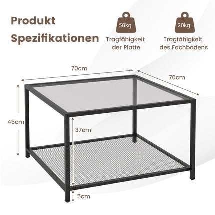 2 Tier Glass Table with Storage Space & Mesh Shelf Modern Square Coffee Table 70 x 70 x 45 cm Gray