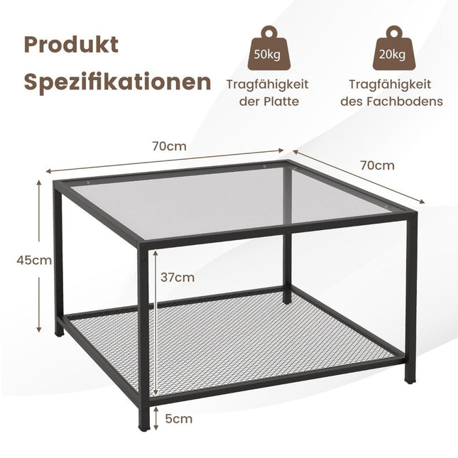 2 Tier Glass Table with Storage Space & Mesh Shelf Modern Square Coffee Table 70 x 70 x 45 cm Gray