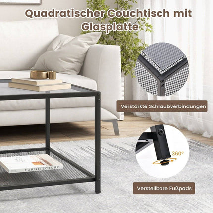 2 Tier Glass Table with Storage Space & Mesh Shelf Modern Square Coffee Table 70 x 70 x 45 cm Gray
