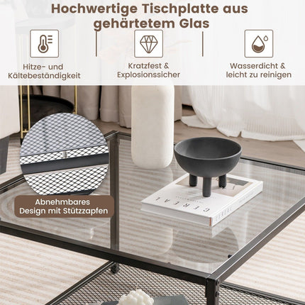 2 Tier Glass Table with Storage Space & Mesh Shelf Modern Square Coffee Table 70 x 70 x 45 cm Gray