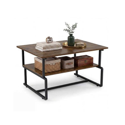 2-Tier Industrial Coffee Table with Metal Frame, Rustic Brown, 85 x 60 x 47 cm