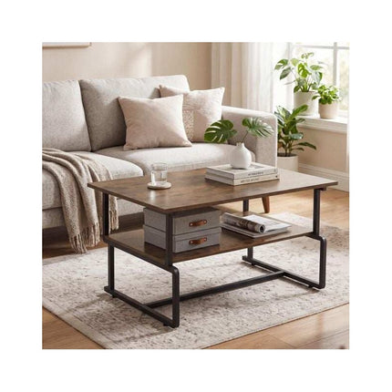 2-Tier Industrial Coffee Table with Metal Frame, Rustic Brown, 85 x 60 x 47 cm