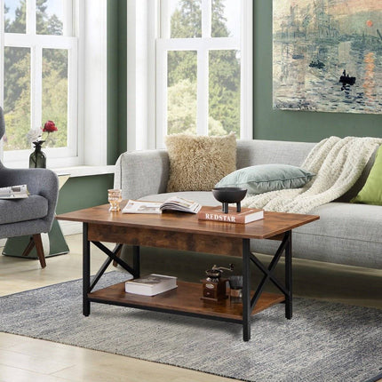 2 Tier Industrial Coffee Table with Shelf & X-Shaped Metal Frame Brown