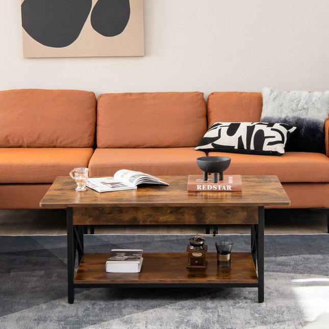 2 Tier Industrial Coffee Table with Shelf & X-Shaped Metal Frame Brown