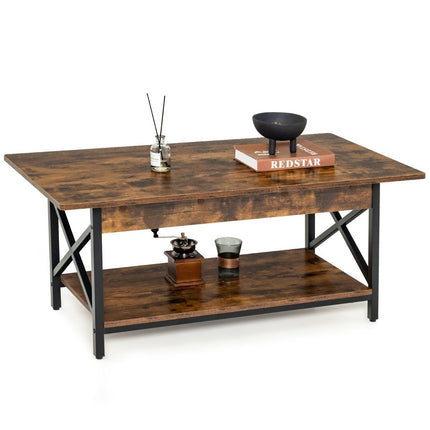 2 Tier Industrial Coffee Table with Shelf & X-Shaped Metal Frame Brown