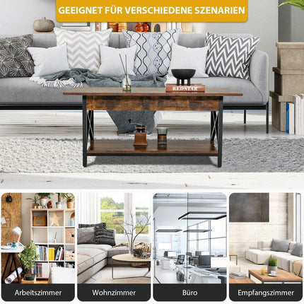 2 Tier Industrial Coffee Table with Shelf & X-Shaped Metal Frame Brown