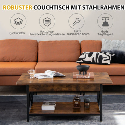 2 Tier Industrial Coffee Table with Shelf & X-Shaped Metal Frame Brown