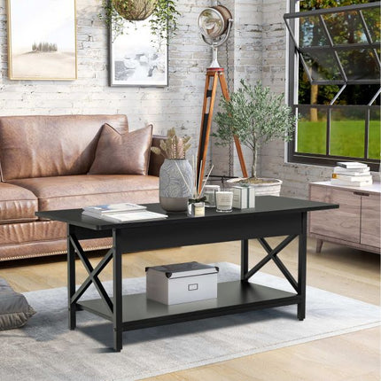 2-Tier Industrial Coffee Table with Storage Shelf, Black