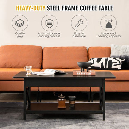 2-Tier Industrial Coffee Table with Storage Shelf, Black