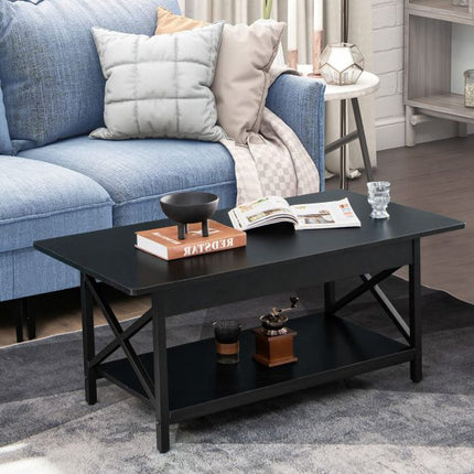 2-Tier Industrial Coffee Table with Storage Shelf, Black