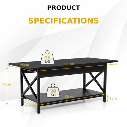 2-Tier Industrial Coffee Table with Storage Shelf, Black