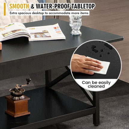 2-Tier Industrial Coffee Table with Storage Shelf, Black