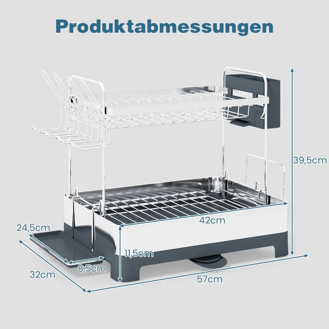Metalen afdruiprek met twee niveaus, inclusief houders voor glazen en bestek.
