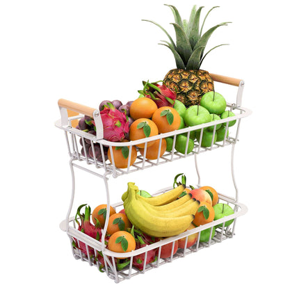 2-Tier Metal Fruit Basket with Wooden Handles