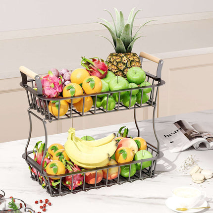 2-Tier Metal Fruit Basket with Wooden Handles