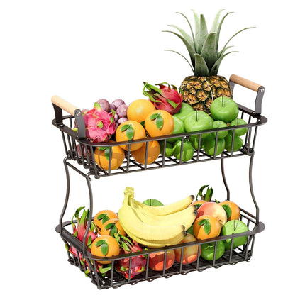 2-Tier Metal Fruit Basket with Wooden Handles