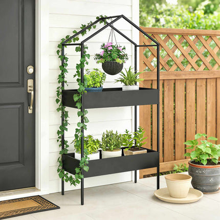 2-Tier Metal Plant Stand with Hook, 150 cm Tall, Black