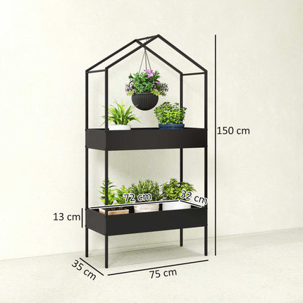 2-Tier Metal Plant Stand with Hook, 150 cm Tall, Black