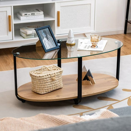 2-Tier Oval Coffee Table – Tempered Glass Top, Wood Shelf