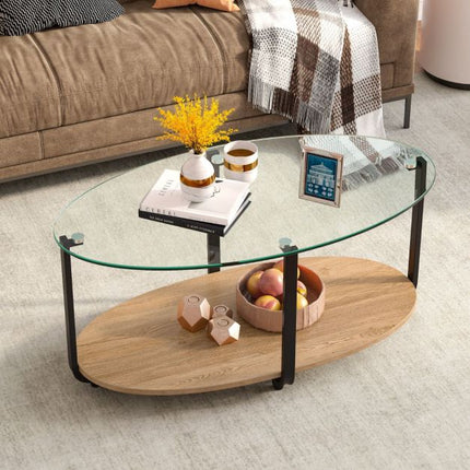 2-Tier Oval Coffee Table – Tempered Glass Top, Wood Shelf