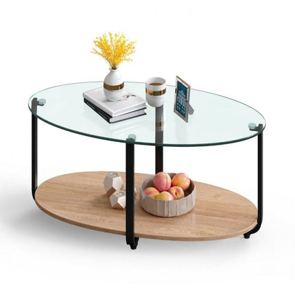 2-Tier Oval Coffee Table – Tempered Glass Top, Wood Shelf