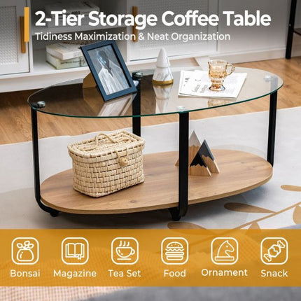 2-Tier Oval Coffee Table – Tempered Glass Top, Wood Shelf