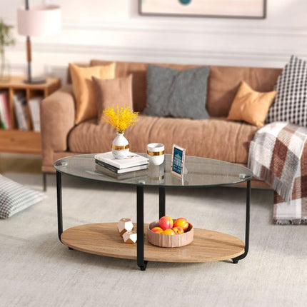 2-Tier Oval Coffee Table – Tempered Glass Top, Wood Shelf
