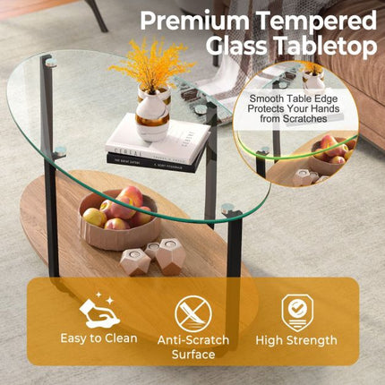 2-Tier Oval Coffee Table – Tempered Glass Top, Wood Shelf