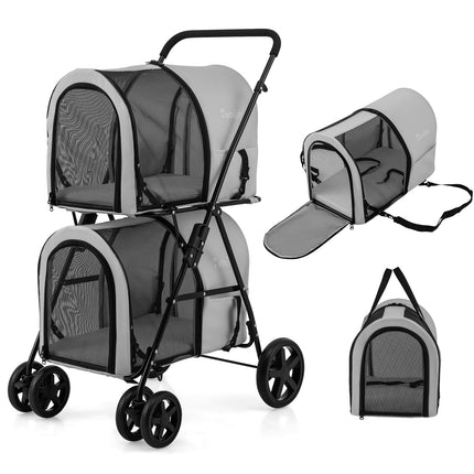 2-Tier Pet Stroller, 16kg Capacity, Grey, Mesh Windows