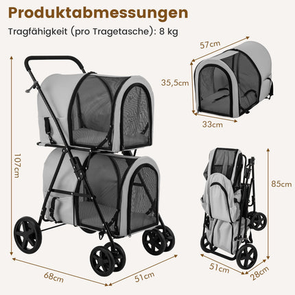 2-Tier Pet Stroller, 16kg Capacity, Grey, Mesh Windows