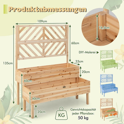 2-Tier Raised Garden Bed with Trellis, Natural Wood