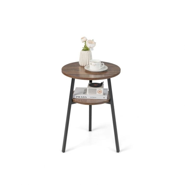 2-Tier Round End Table, Open Shelf, Metal Frame, Brown