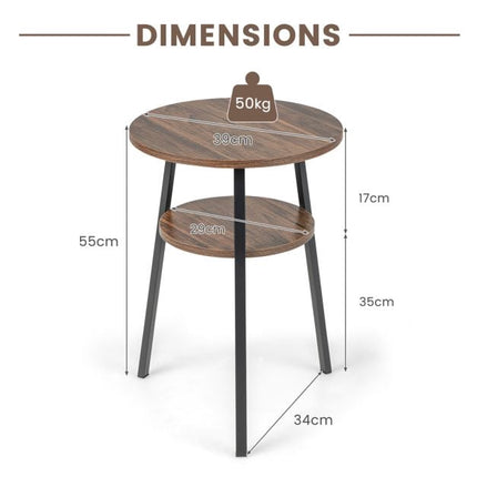 2-Tier Round End Table, Open Shelf, Metal Frame, Brown