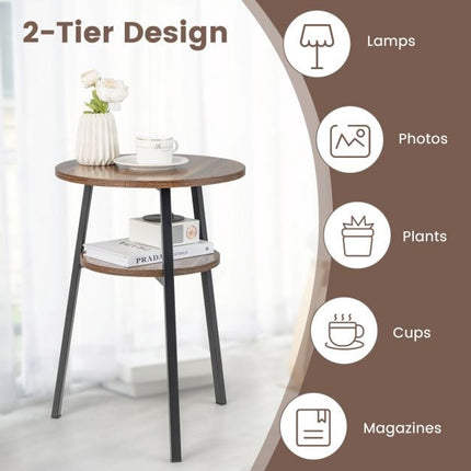 2-Tier Round End Table, Open Shelf, Metal Frame, Brown