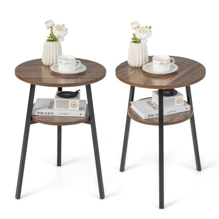 2-Tier Round End Table, Open Shelf, Metal Frame, Brown