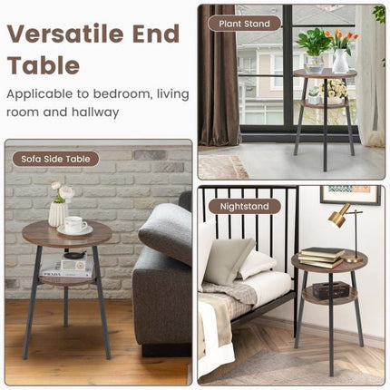 2-Tier Round End Table, Open Shelf, Metal Frame, Brown