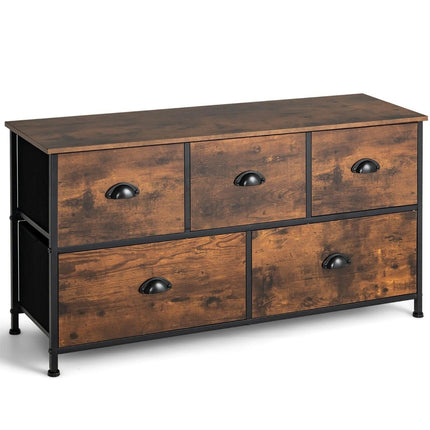2 Tier Rustic Chest with 5 Drawers & Foldable Fabric Drawers Brown
