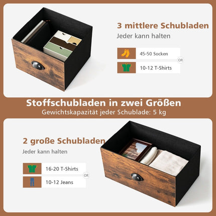 2 Tier Rustic Chest with 5 Drawers & Foldable Fabric Drawers Brown