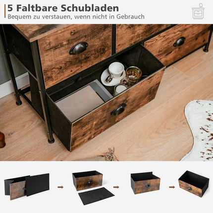 2 Tier Rustic Chest with 5 Drawers & Foldable Fabric Drawers Brown