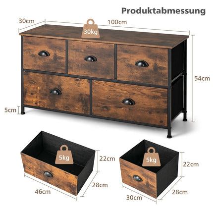 2 Tier Rustic Chest with 5 Drawers & Foldable Fabric Drawers Brown